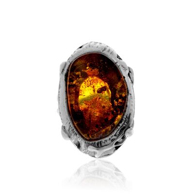 Anillo de plata de ley 925 y ámbar báltico auténtico color coñac - Ajustable - RG0942