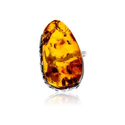 Bague en argent sterling 925 et ambre véritable de la Baltique couleur cognac – Réglable – RG0963