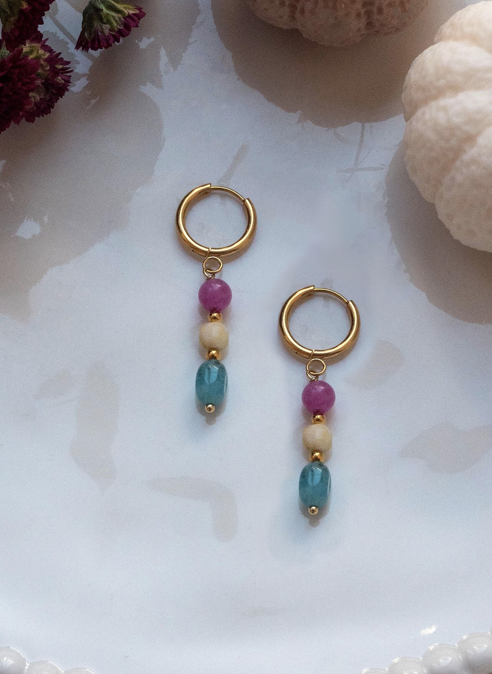 Amber - Pink - Beige - Turquoise Earrings