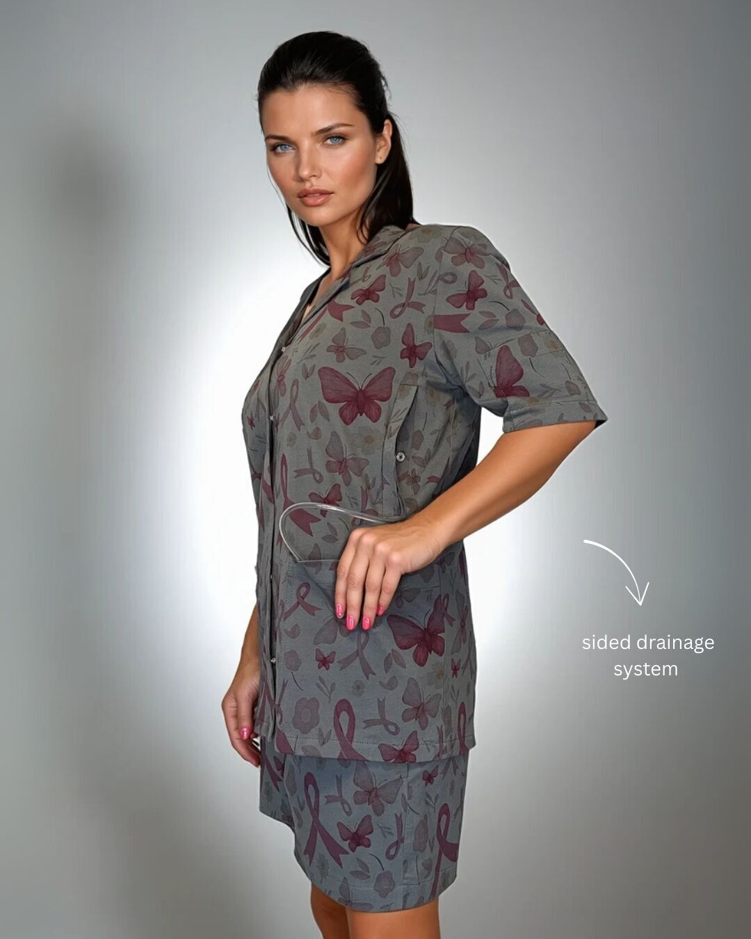 Pijama postoperatorio con bolsillos exteriores de drenaje | Camisa y pantalón para mujer | Cierre frontal a presión | Cómoda ropa de dormir 100 % algodón