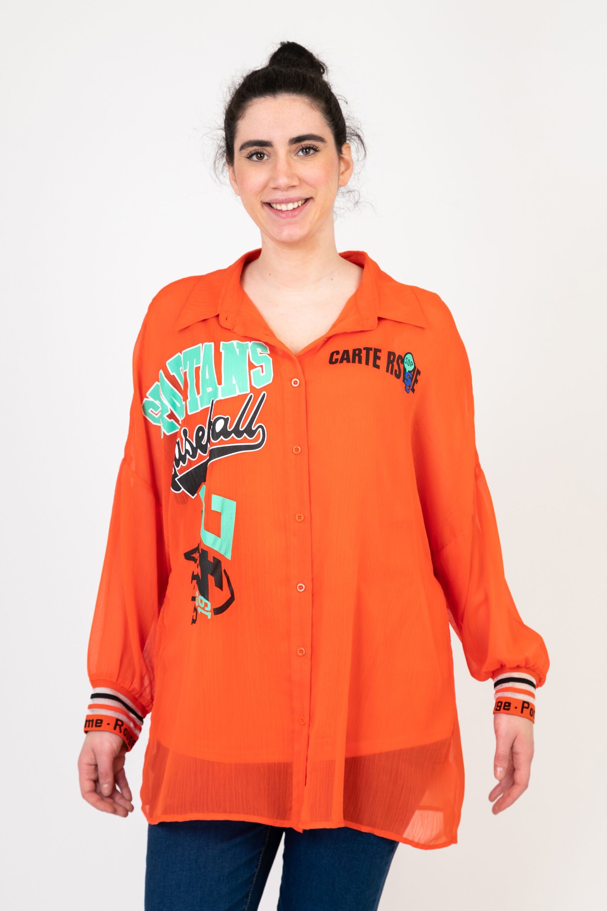 Orangefarbenes Top + Hemd-Set mit Übergrößenmuster (C6599)