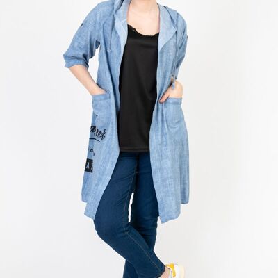 Gilet lungo in denim blu taglie forti con scritte (C8021)