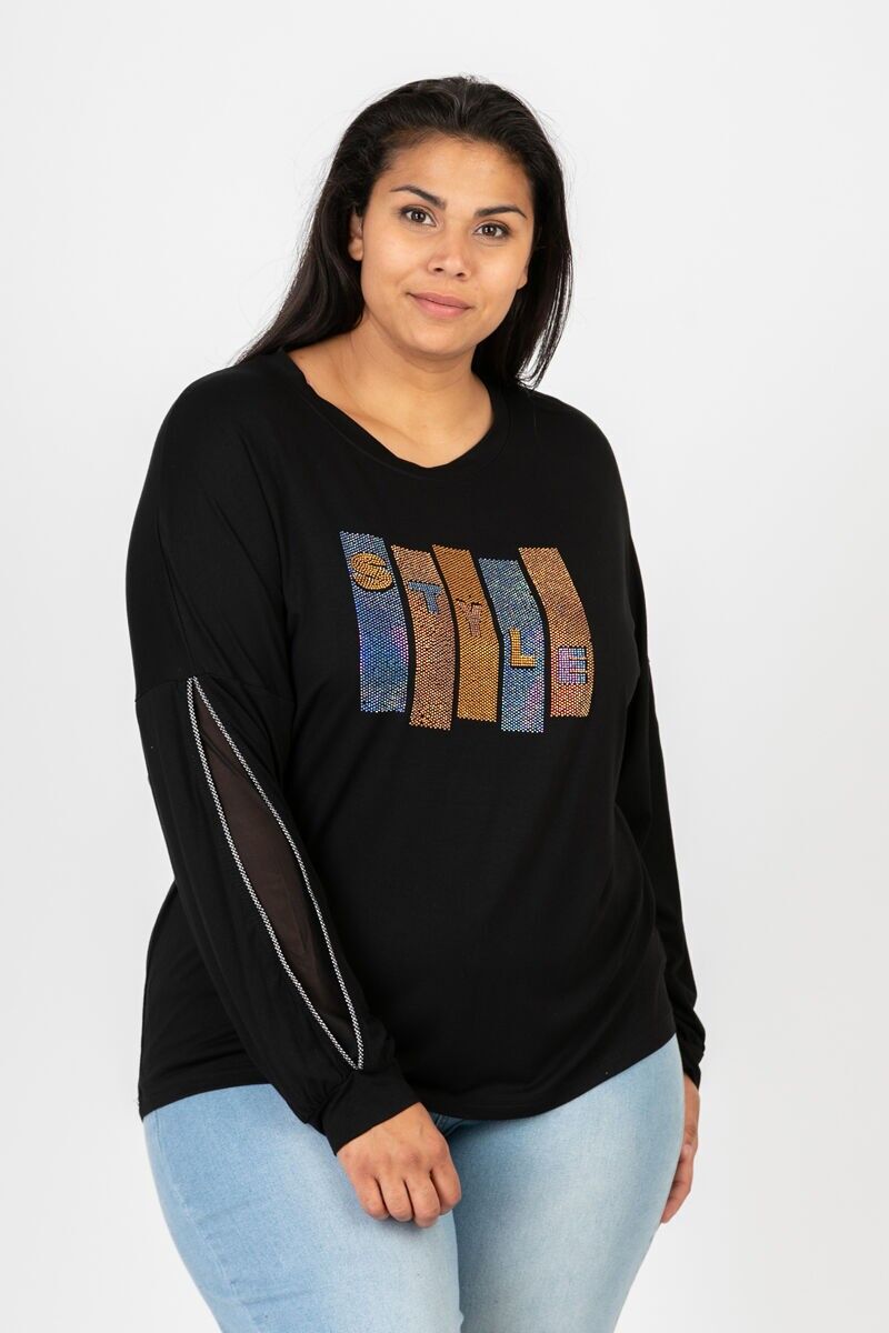 Schwarzes Strass-T-Shirt mit geschlitzten Ärmeln in Übergröße (C6603)