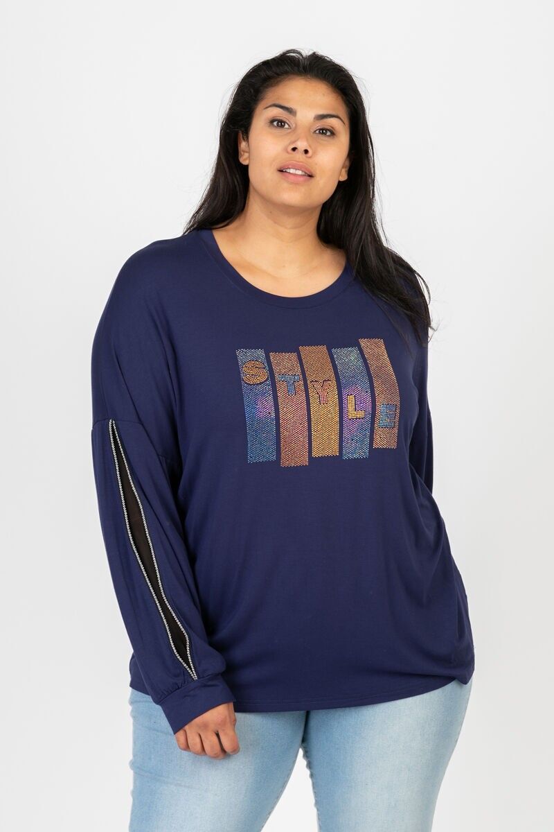 Blaues Strass-T-Shirt mit geschlitzten Ärmeln in Übergröße (C6603)