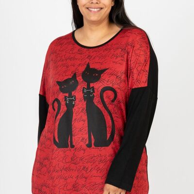 Maglione con motivo a gatto rosso taglia comoda (C6610)