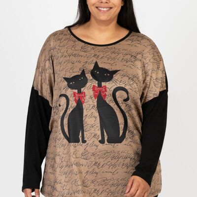 Maglione beige con motivo a gatto, taglia comoda (C6610)