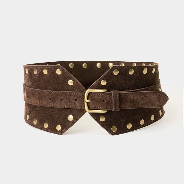 Cintura larga in pelle scamosciata con borchie e fibbia - Marrone scuro