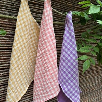3 hand towels in gingham wheat, cotton candy, and wisteria