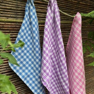 3 blue, pink and purple gingham hand towels made in France