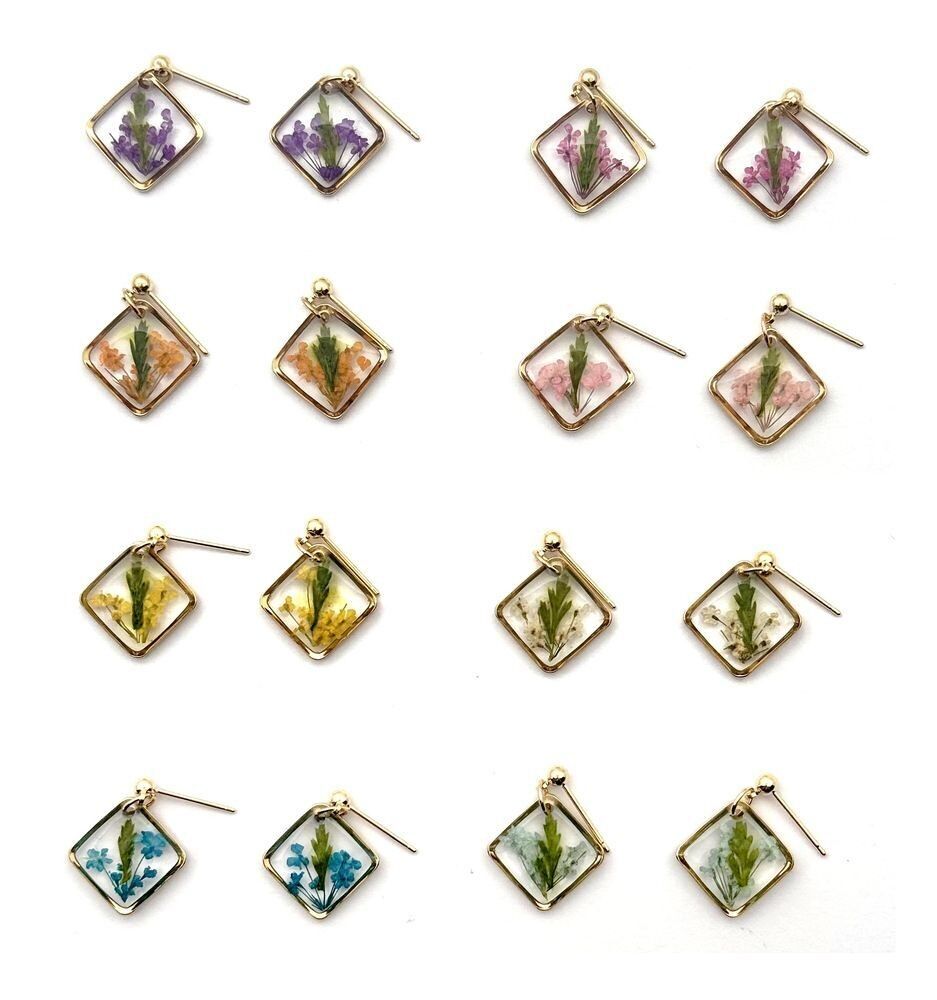 Resin & dried flower diamond earrings - 252009