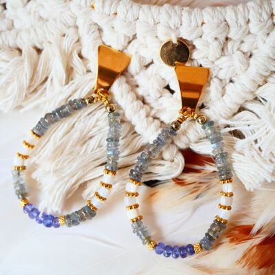 Orecchini LEELA in labradorite, madreperla e tanzanite: morbidezza ed elevazione spirituale