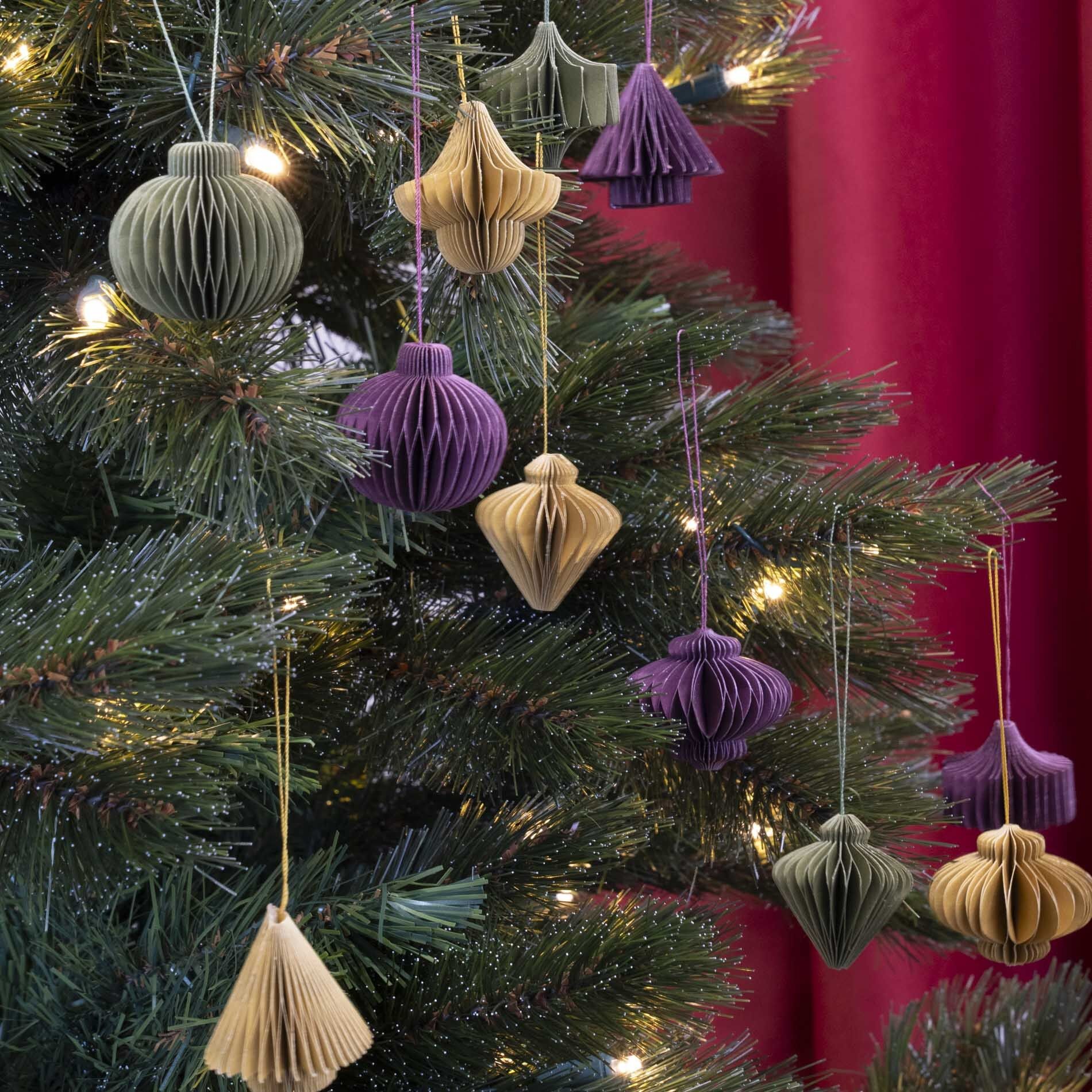 Decorazioni di carta da appendere - Set 6 pezzi - 4,5 cm - Palline di Natale a nido d'ape - Viola - Verde - Oliva - Decorazioni per l'albero di Natale