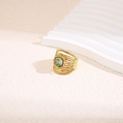 Anillo multianillo de oro texturizado con piedra central redonda verde