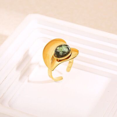 Anello regolabile in oro con piattaforma a forma di cuore e pietra rotonda sopra