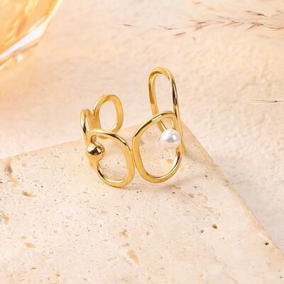 Anello regolabile in oro decorato con anelli ovali con perle e dettagli in oro