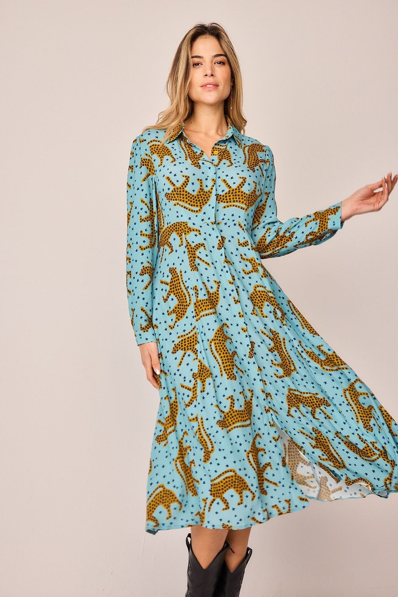 Abito lungo a cascata con motivo a ghepardo