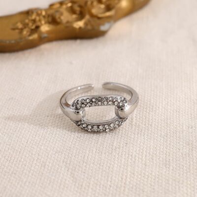 Bague argentée ajustable anneau central ovale serti de strass