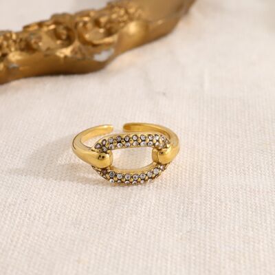 Anello regolabile in oro con anello centrale ovale incastonato con strass