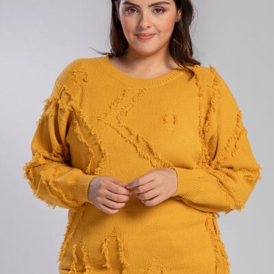 Pull jaune grande taille effet déchiré (JX091)