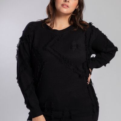 Pull noir grande taille effet déchiré (JX091)