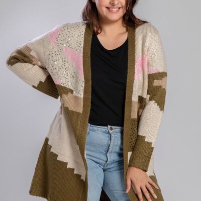 Gilet color block color kaki con paillettes taglie forti (JX080)