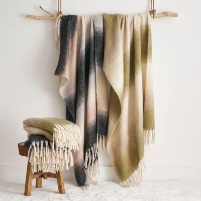 Manta de mohair sintético degradado - Manta suave con flecos (verde, gris)