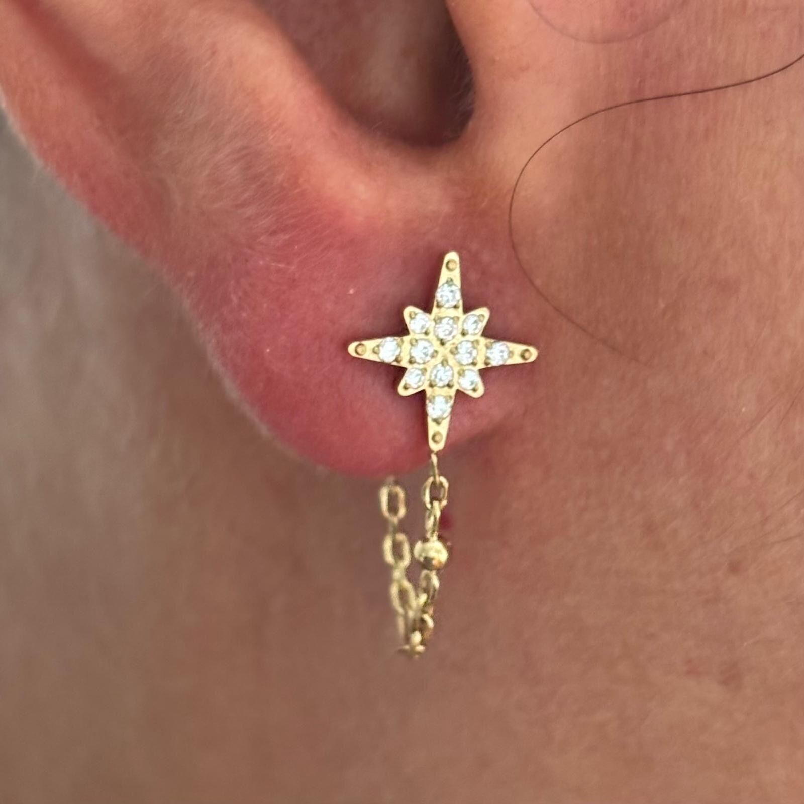 Gold Steel Star Chain Dangle Earrings with Zircon