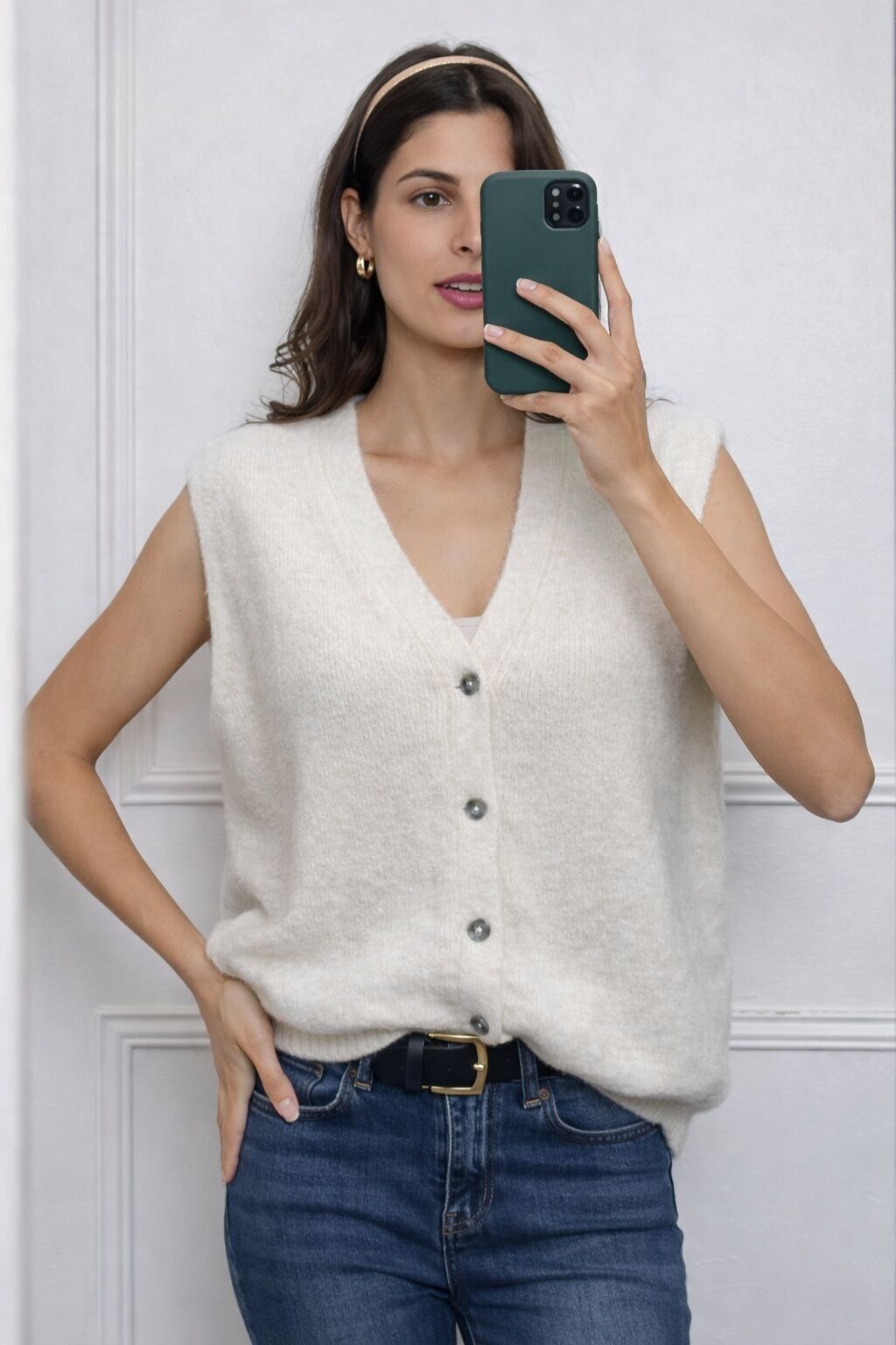 Oversized Sleeveless Vest – Soft Knit with Buttons - ALAPAGA / WOOL - 25405