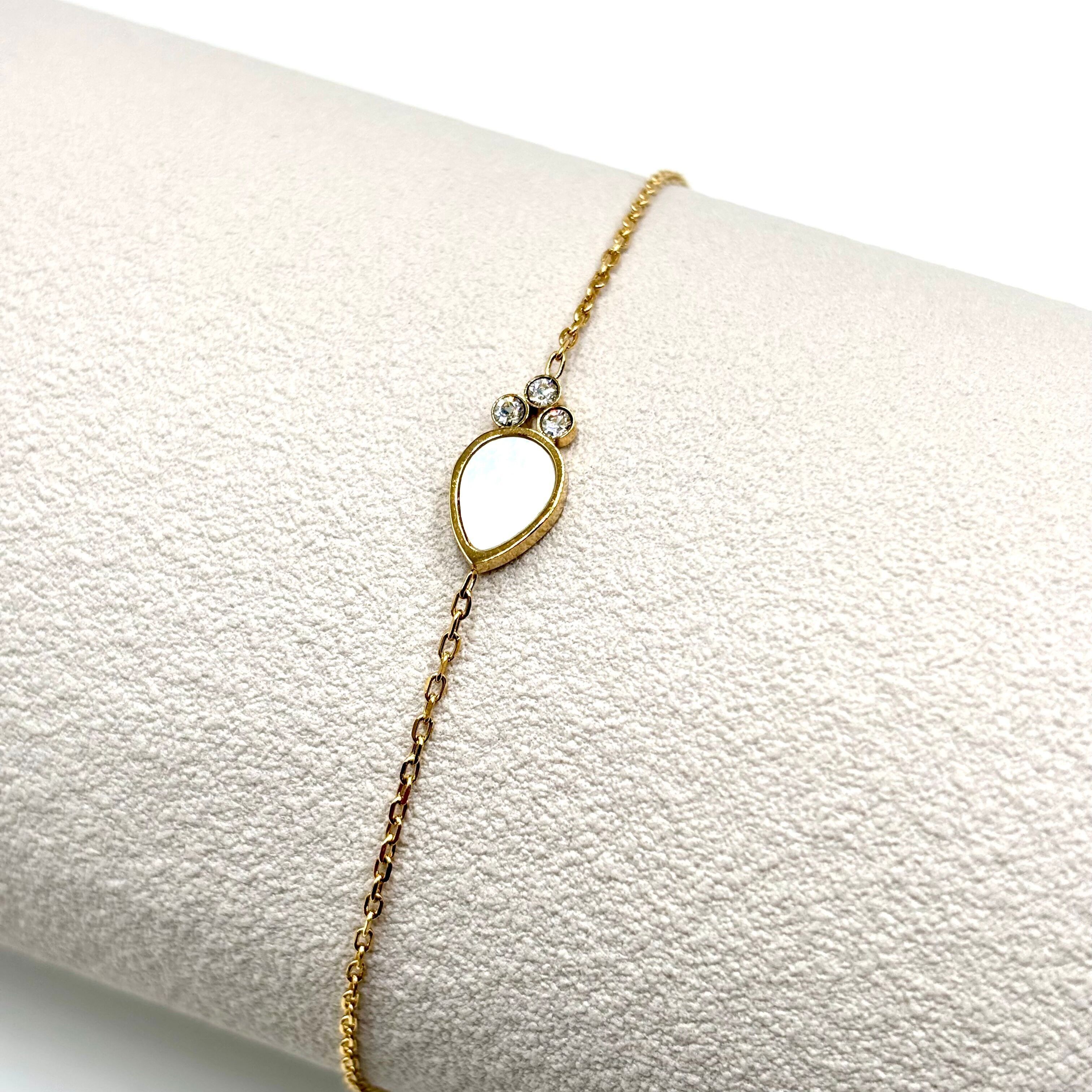 Mother-of-pearl drop chain bracelet, 316L steel, 14K gold plated, zirconium