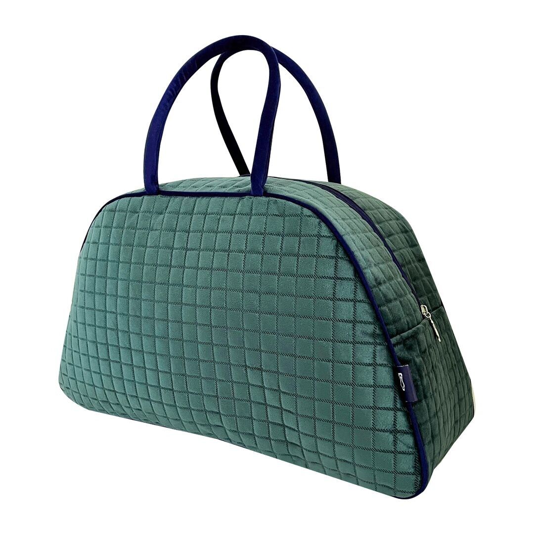 Quilted green opaline weekend bag with printed squares