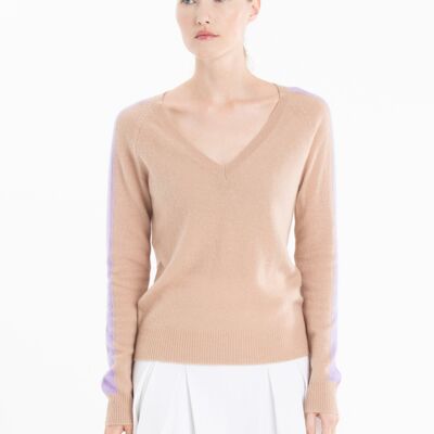 Maglione da donna in cashmere con scollo a V color cammello chiaro/viola - RIA 1