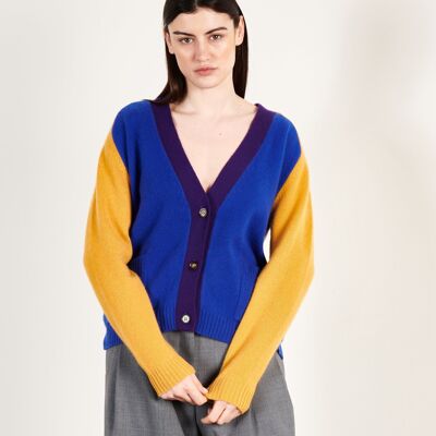 Cardigan da donna con scollo a V in cashmere multicolore a 4 fili, color blu petrolio - ZAYA 16