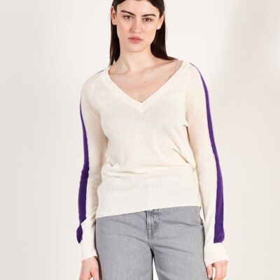 Suéter de cachemira color crudo/morado con cuello en V para mujer - RIA 1