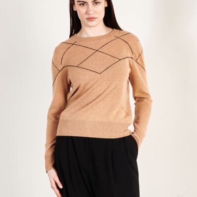 Maglione girocollo da donna in cashmere color cammello chiaro/nero - HANA 4