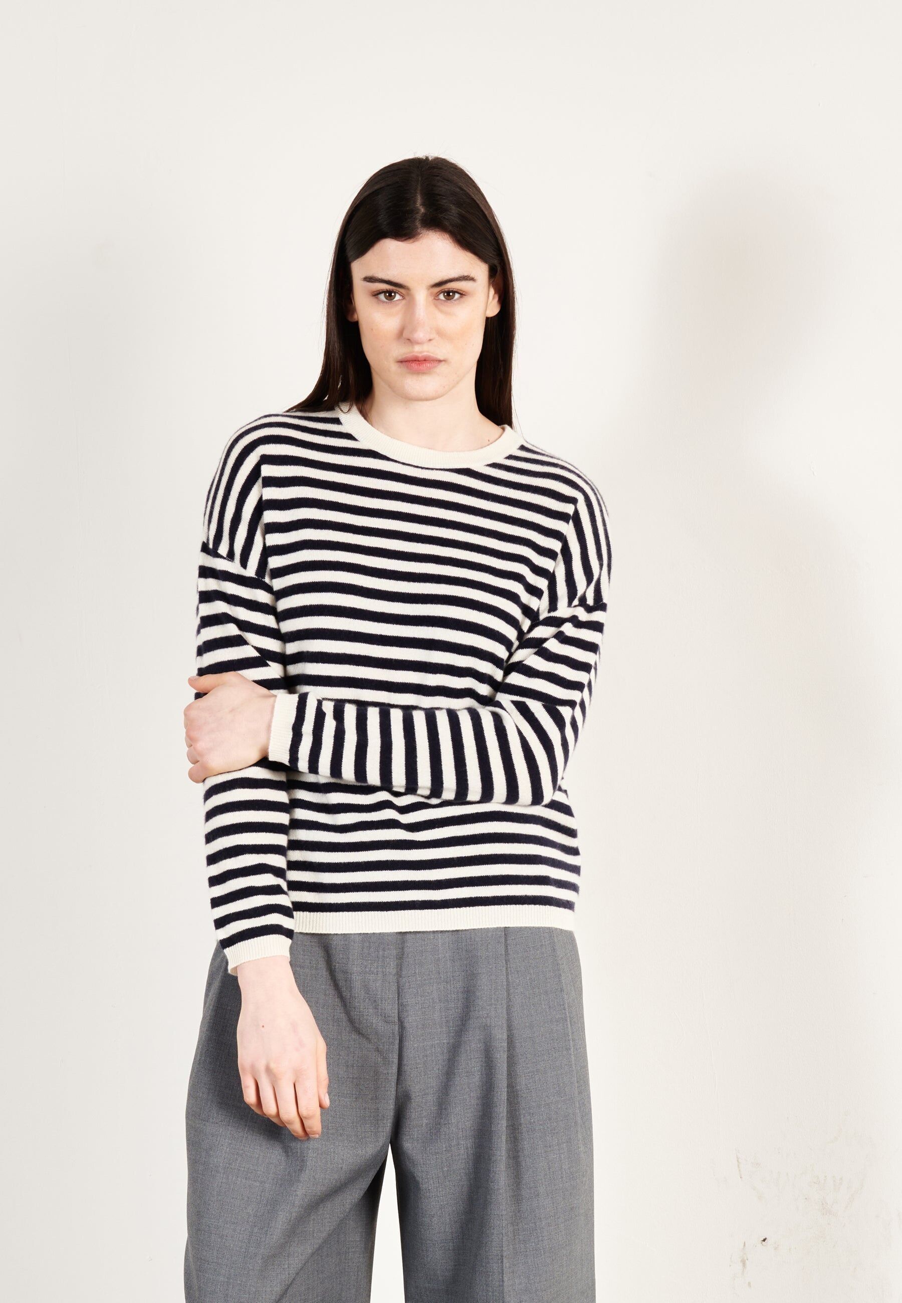 Pull col rond cachemire écru/bleu marine femme - HANA 5