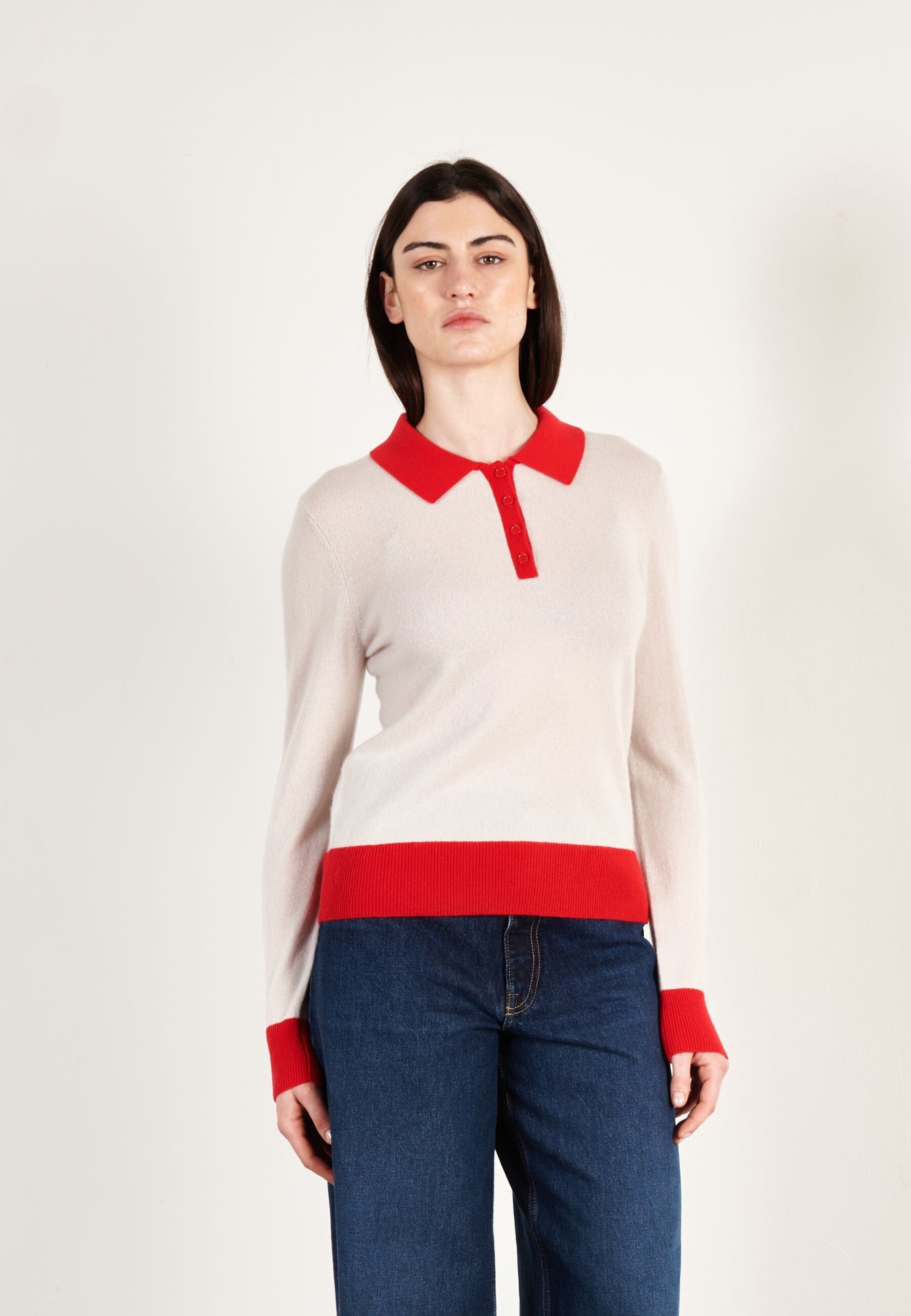 Polo da donna a maniche lunghe in cashmere grigio perla/rosso - HANA 10
