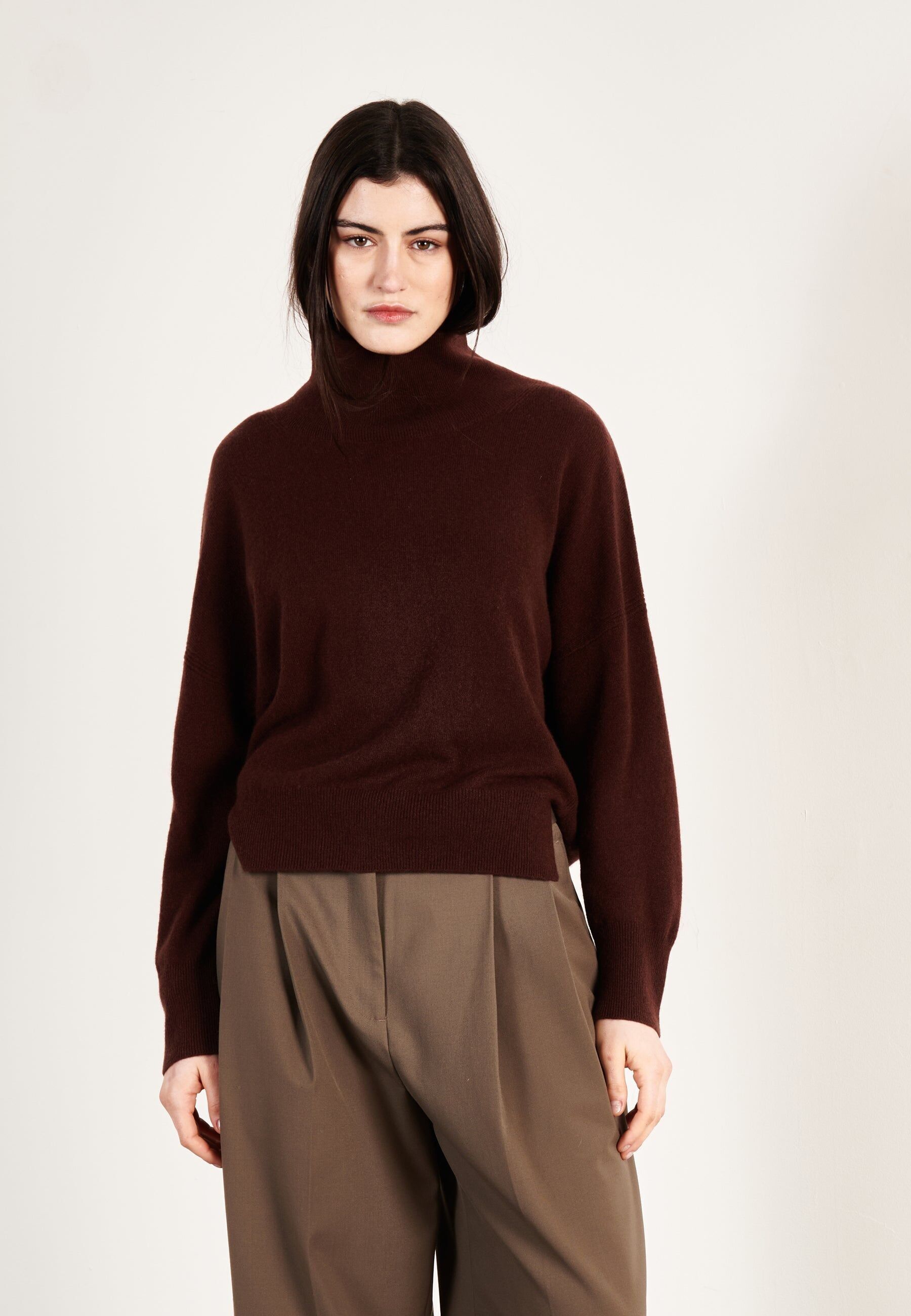 Suéter de cuello alto de cachemira marrón para mujer - ZAYA 13