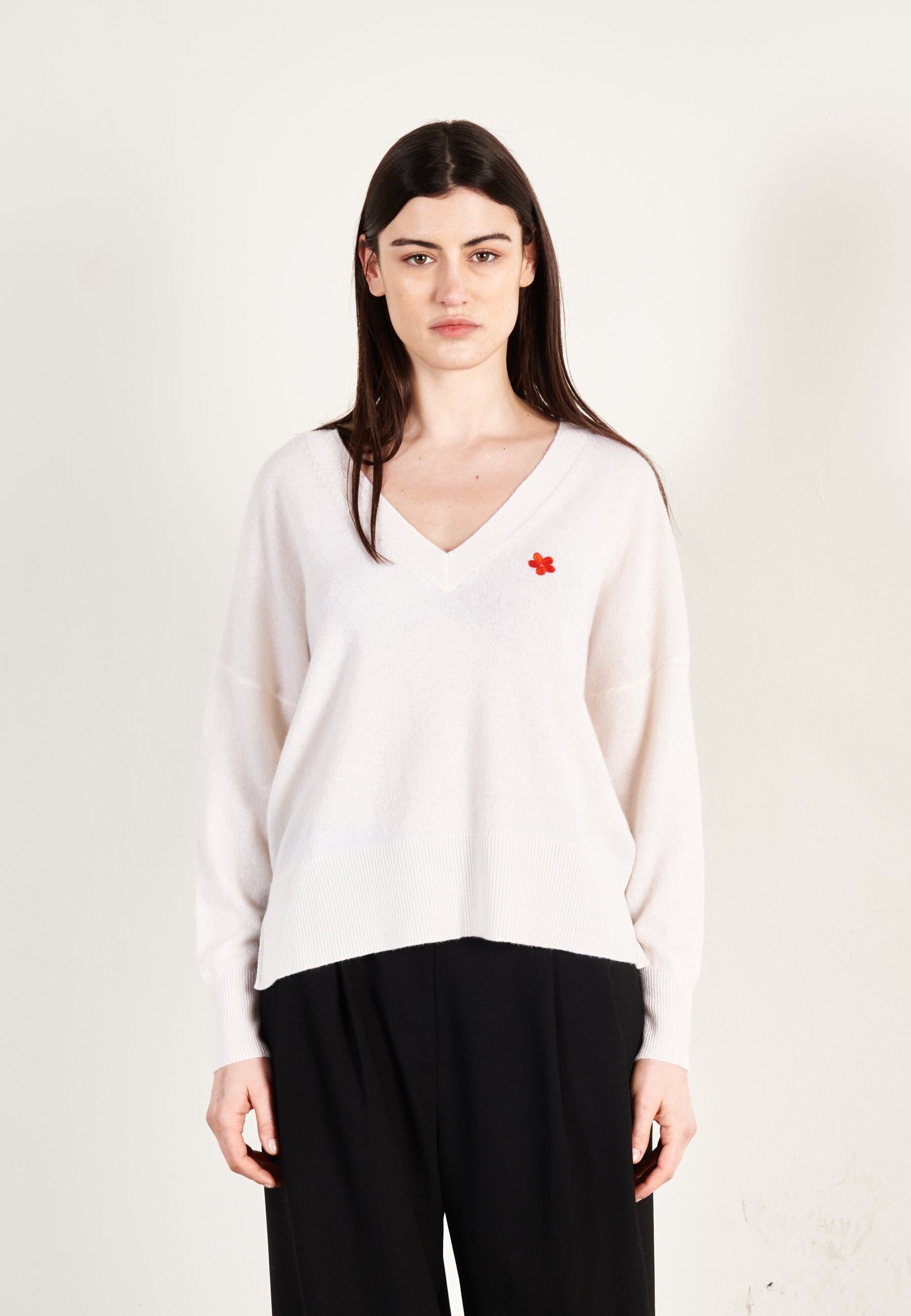 Pull col V cachemire écru femme - HANA 1