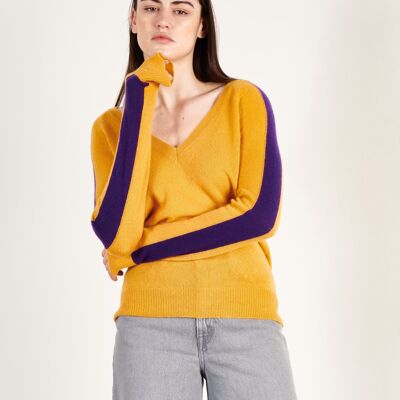 Women's mustard/purple cashmere V-neck sweater - RIA 1