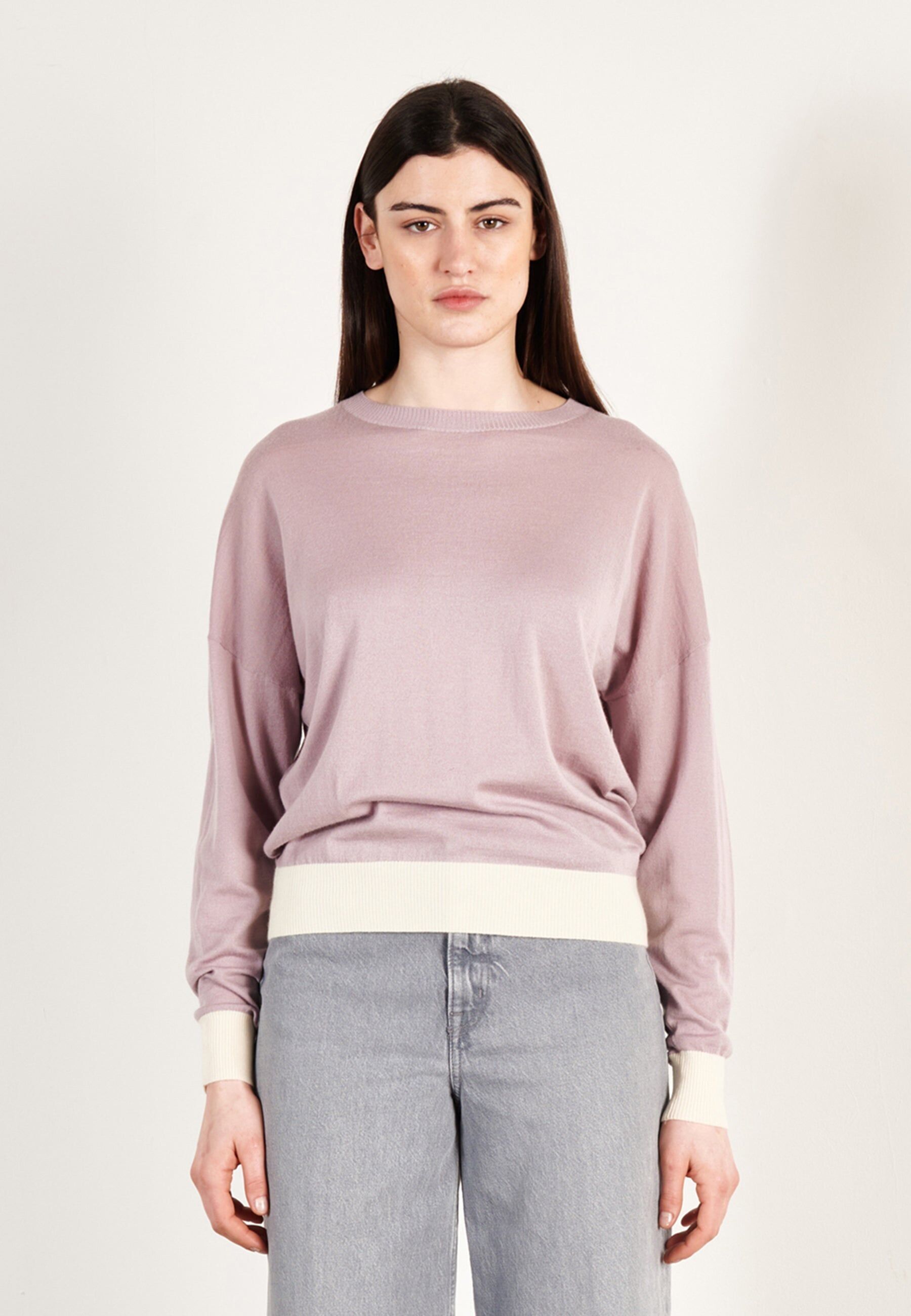 Maglione oversize da donna in cashmere e lana ultra-fini, girocollo, viola/bianco - KELLY 3