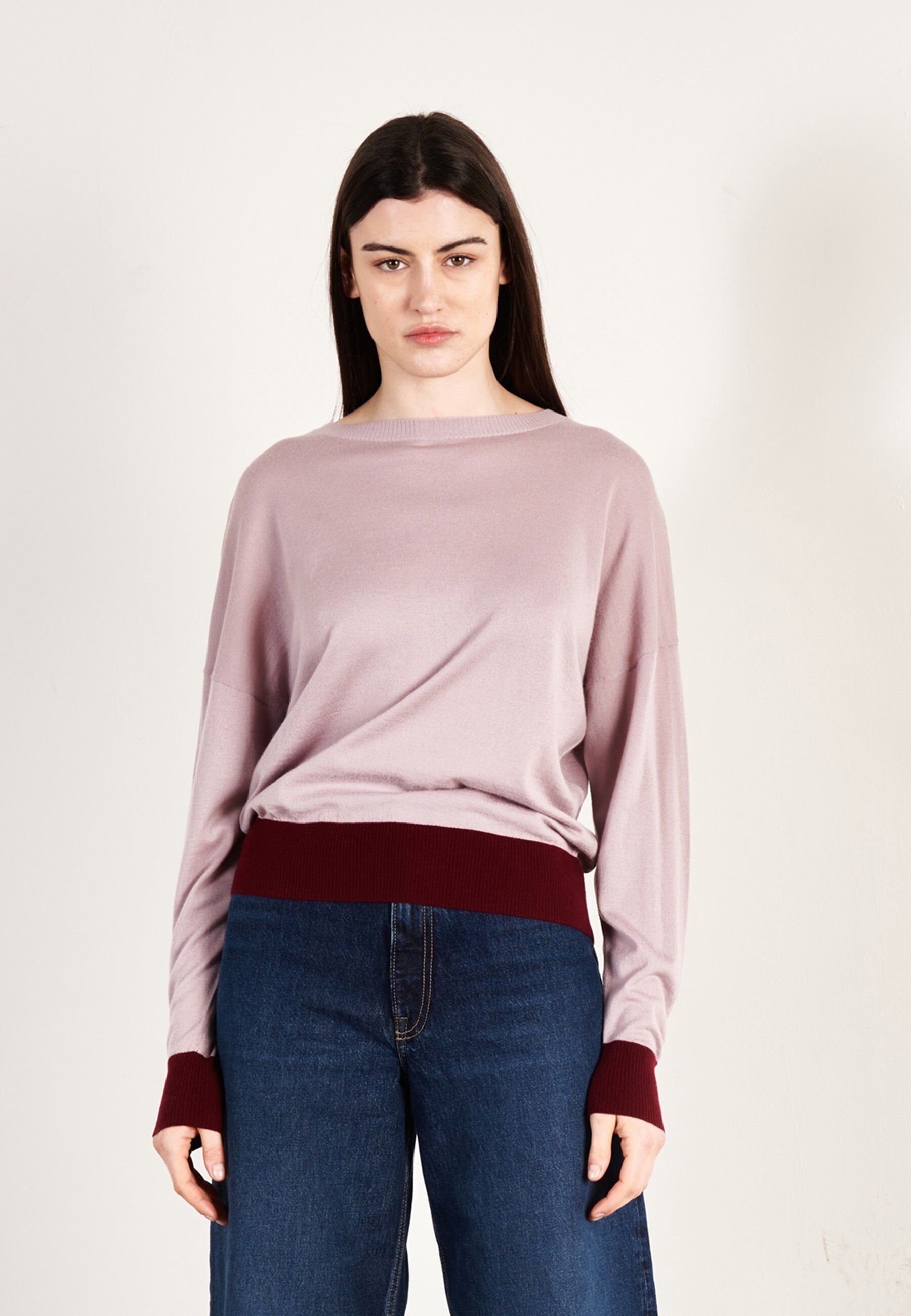 Maglione oversize da donna in cashmere e lana ultra-fine con scollo rotondo, colore viola/bordeaux - KELLY 3