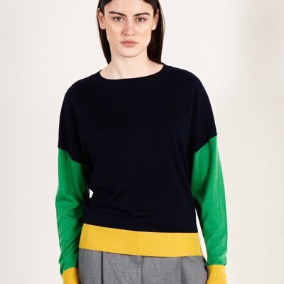 Maglione oversize da donna in cashmere e lana tricolore ultra-fine con scollo rotondo, blu navy/verde/giallo - KELLY 9
