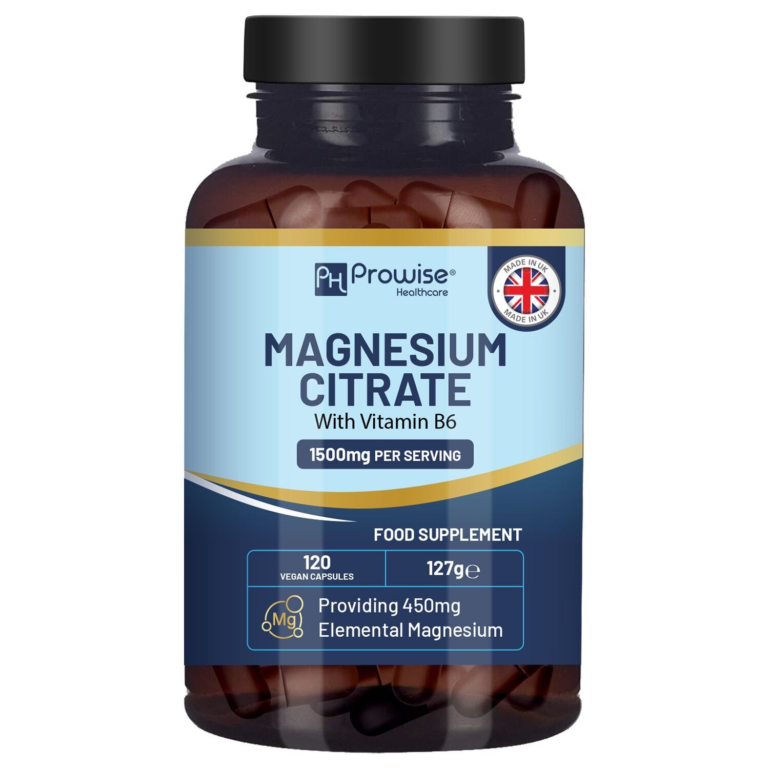 Magnesium Citrate Capsules 1500mg with Vitamin B6 | 120 Vegan Tablets | 450mg Elemental Mg | High Strength Magnesium Supplements for Women &amp; Men | Capsules not Tablets | Made in UK by Prowise