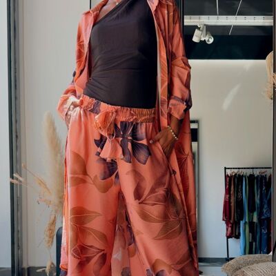 Conjunto Fluido de Camisa Larga y Pantalón a Juego con Estampado de Follaje – Con Viscosa