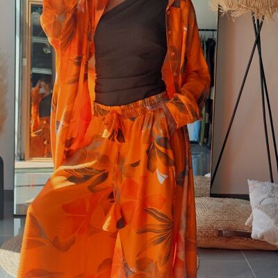Conjunto Fluido de Camisa Larga y Pantalón a Juego con Estampado de Follaje – Con Viscosa