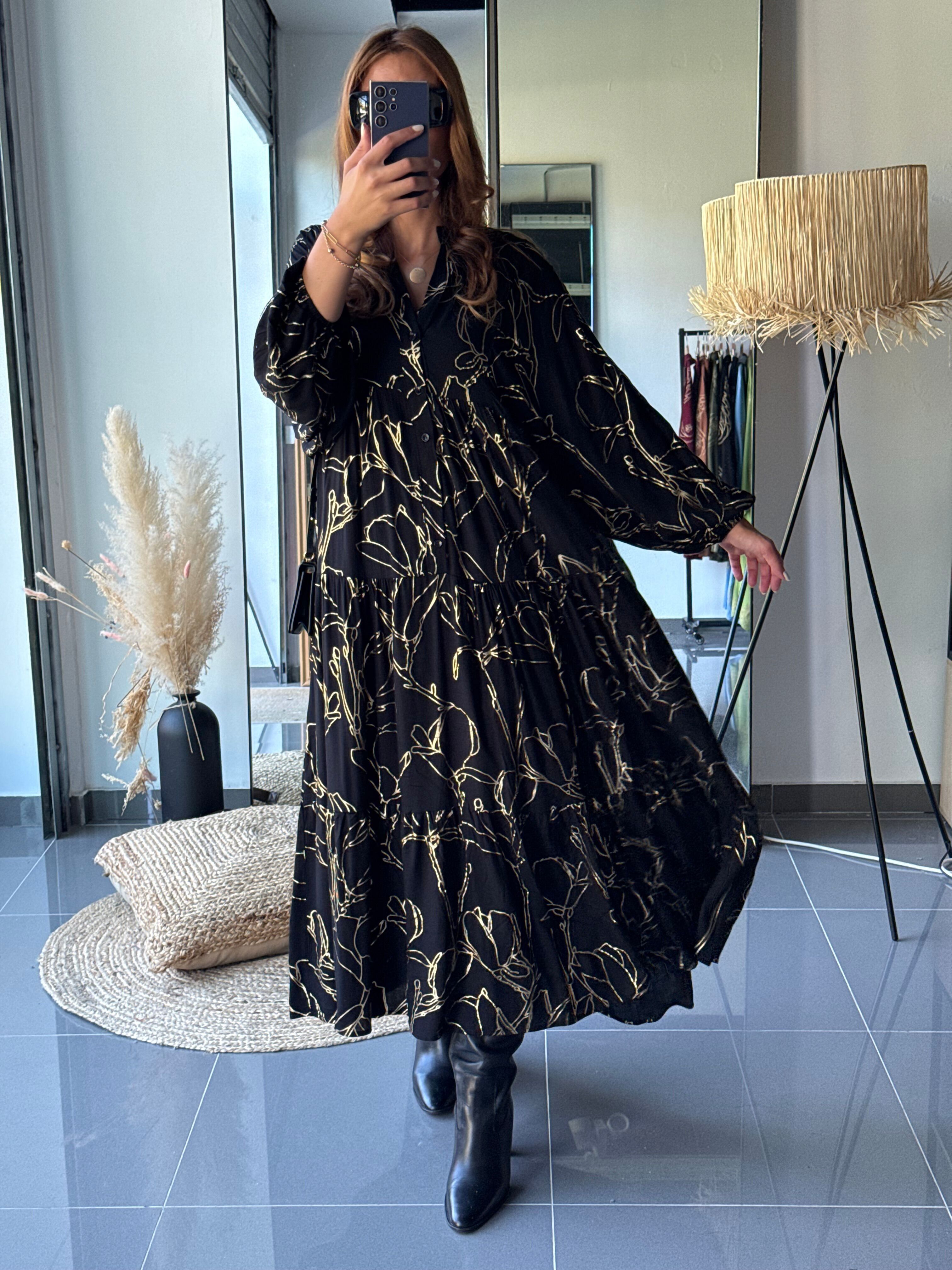 Abito lungo con stampa floreale fluida - Maniche lunghe - Viscosa - Nero Oro