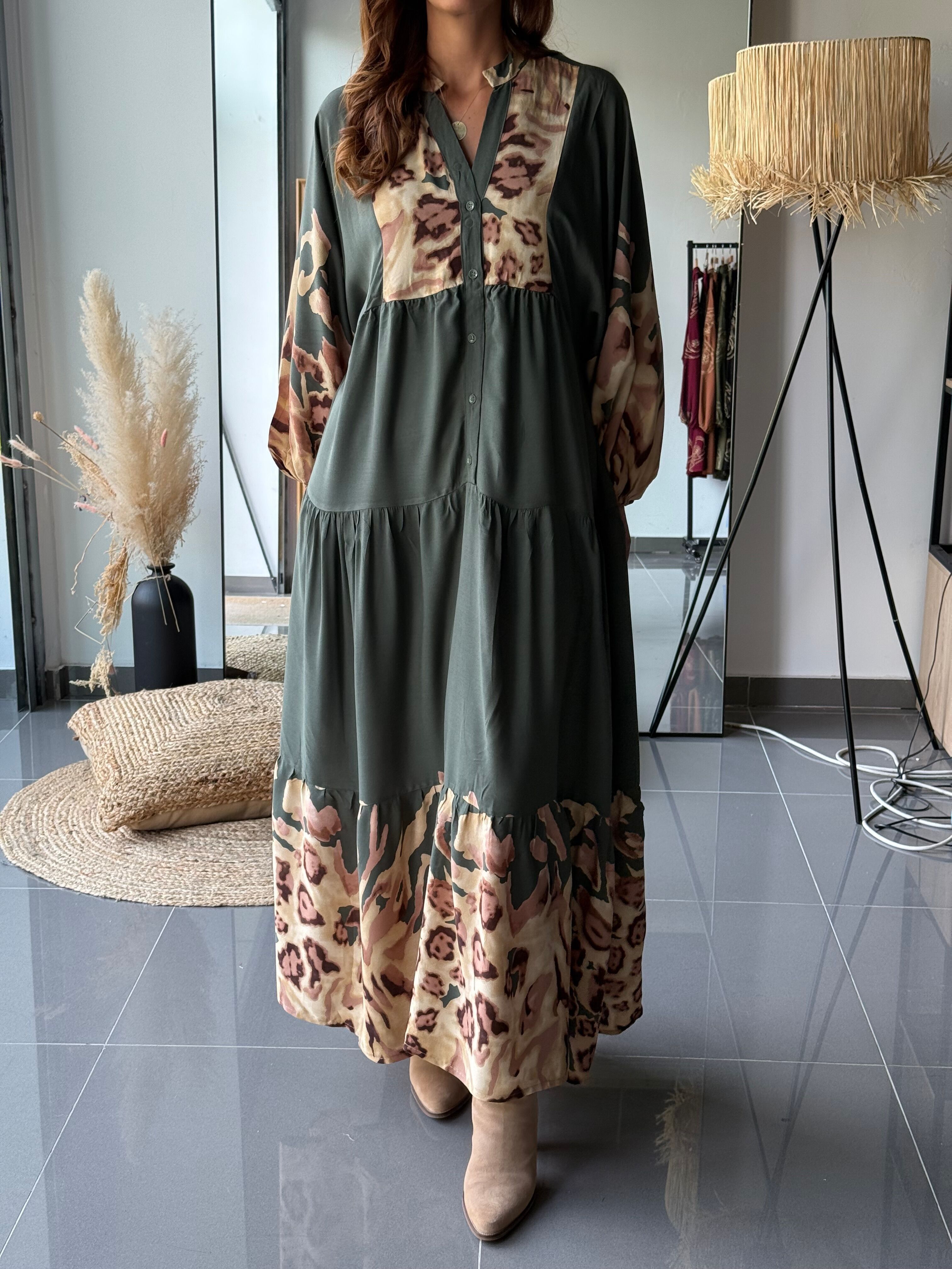 Abito stampato bicolore a maniche lunghe - Con viscosa - Leopardo cachi