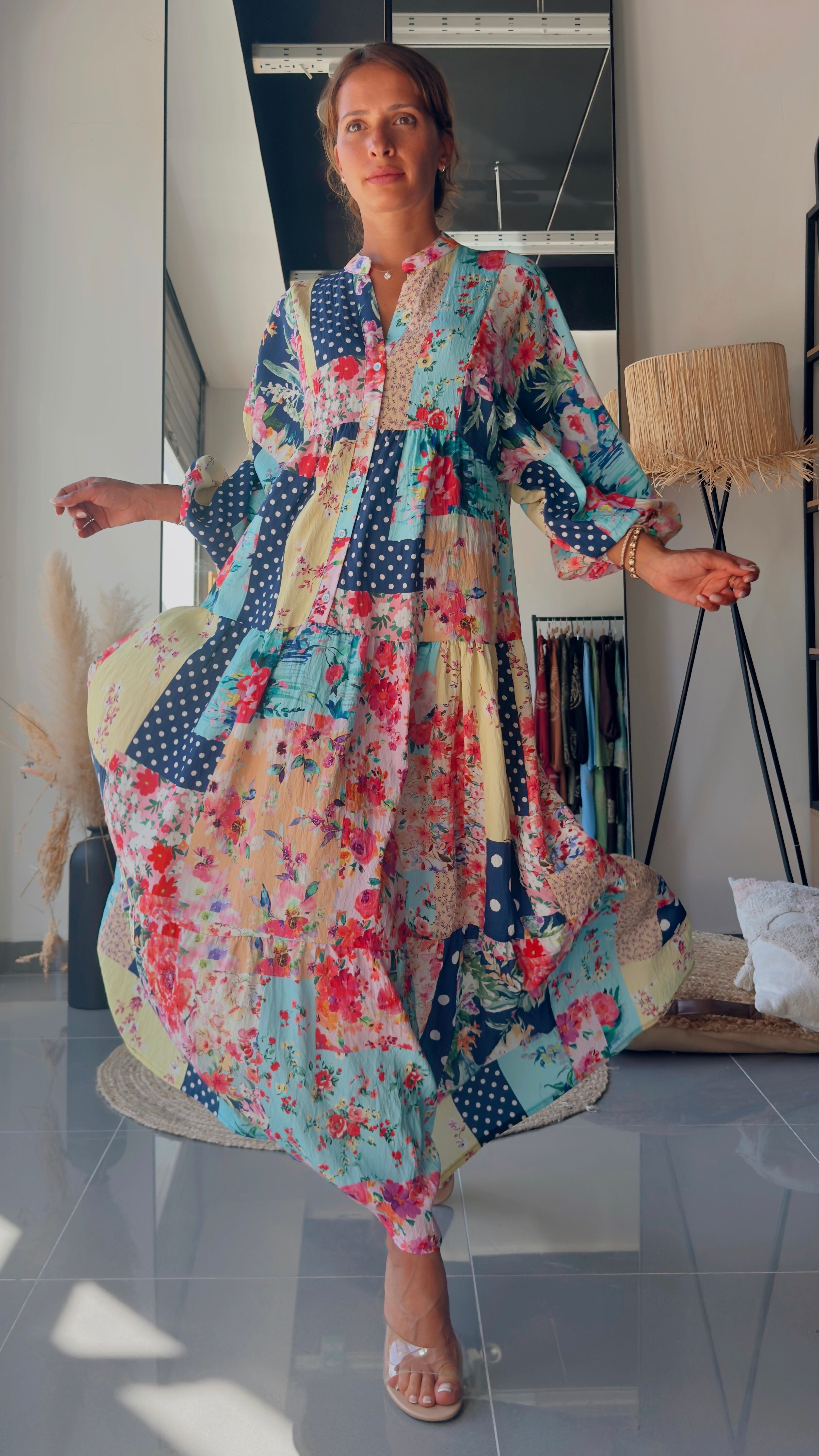 Abito lungo fluido con stampe patchwork floreali - Multicolore - Con viscosa