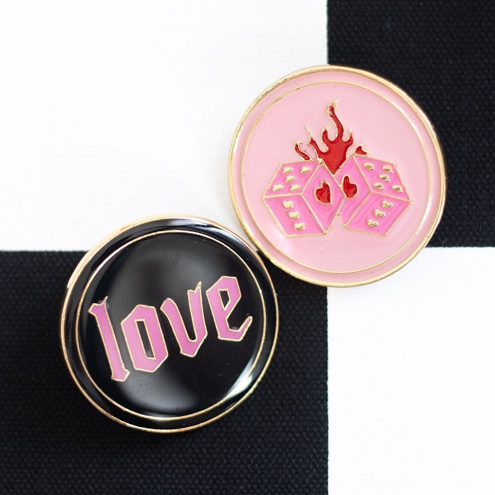 Flaming Dice and Love Pin Badge Set