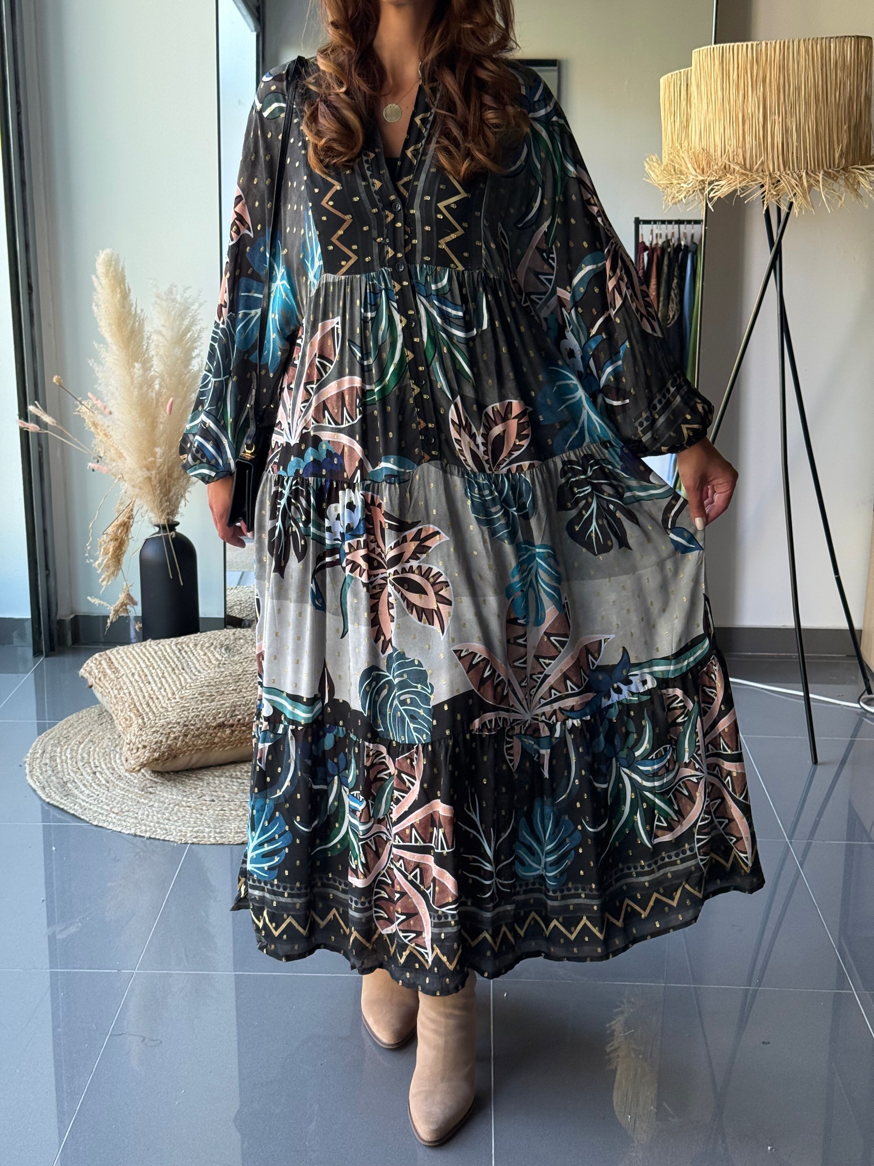 Abito lungo e fluido con stampe tropicali e strass dorati - Con viscosa
